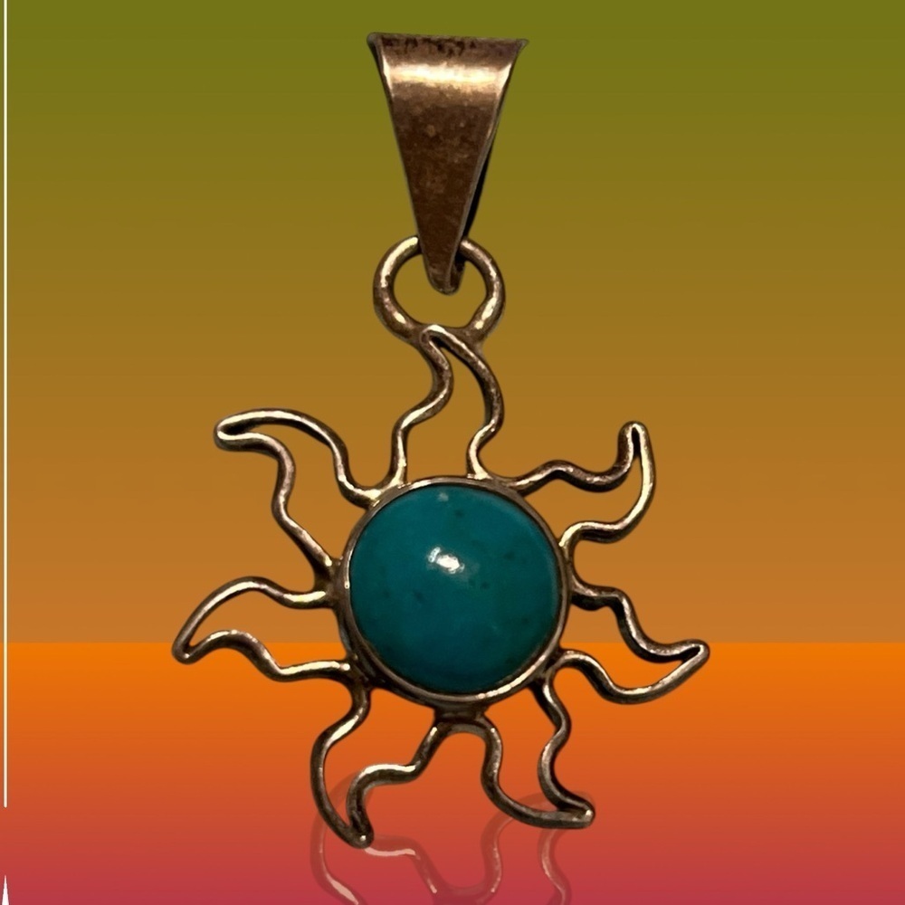 Vintage Charles Albert Handmade Fine Silver Sun Pendant with Turquoise Center